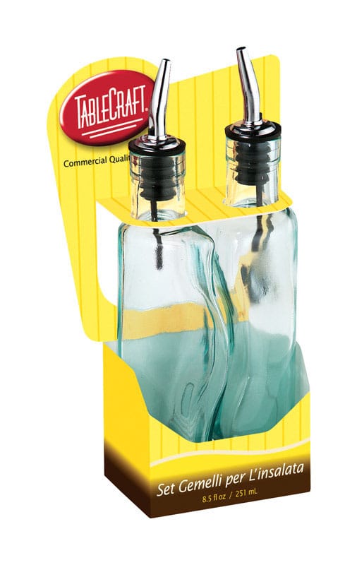 Tablecraft H918 Gemelli Clear Glass/Steel Oil and Vinegar Set w/Pourer 17 oz