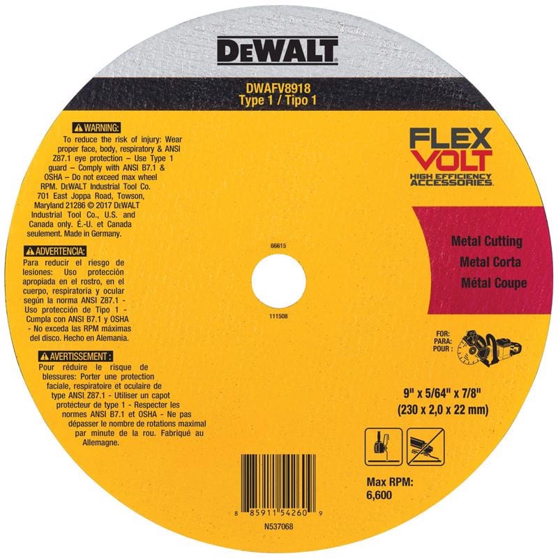 Dewalt DWAFV8918 FlexVolt 9 in. D X 7/8 in. X 5/64 in. thick Ceramic Metal Cutting Abrasive Wheel 1 pc