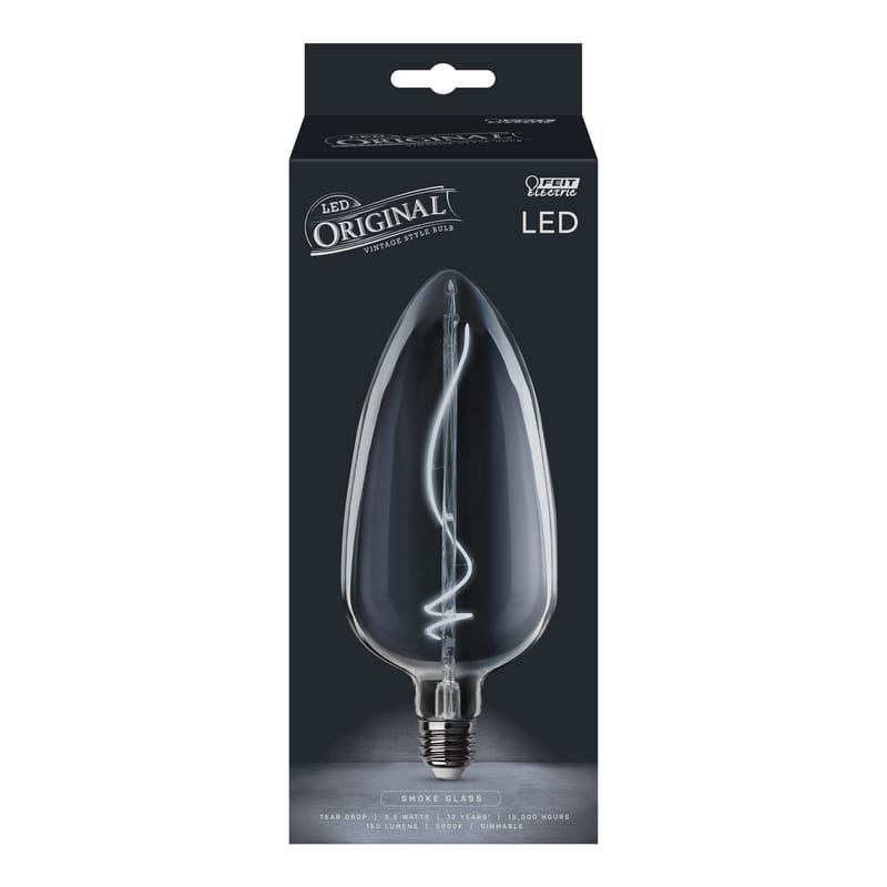 Feit TD/7/SMK/FIL Tear Drop E26 (Medium) Filament LED Bulb Smoke Daylight 60 Watt Equivalence 1 pk