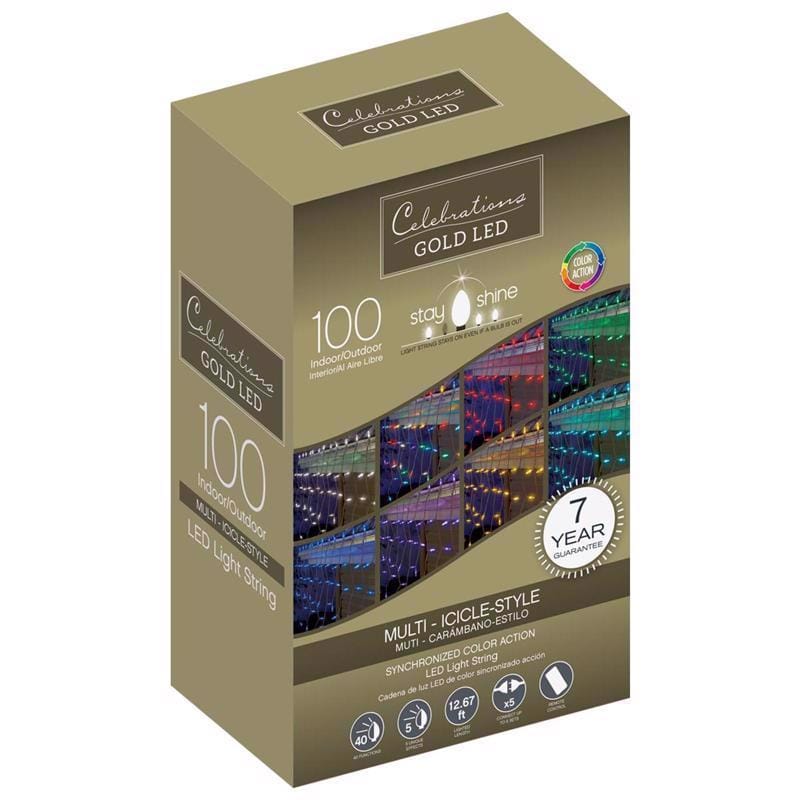 Celebrations 40792-71 Gold LED Mini Multicolored 100 ct Icicle Christmas Lights 8.5 ft.