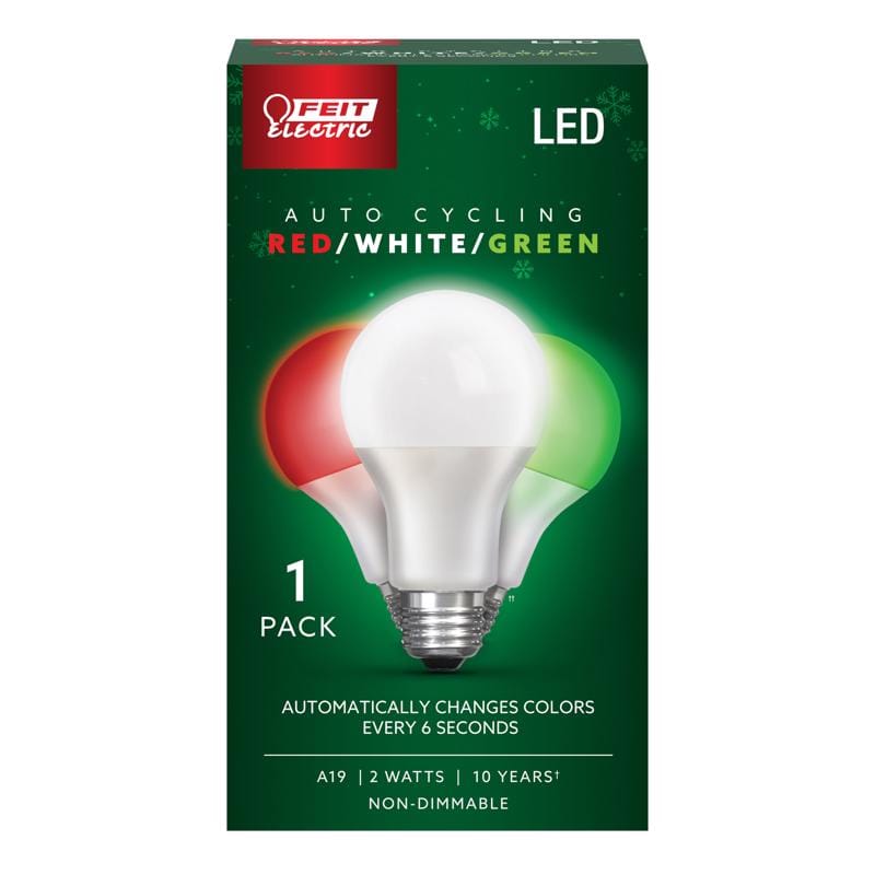 Feit A19/RGW/LED/36 A19 E26 (Medium) Auto Cycling LED Bulb Green/Red/White 2 Watt Equivalence 1 pk