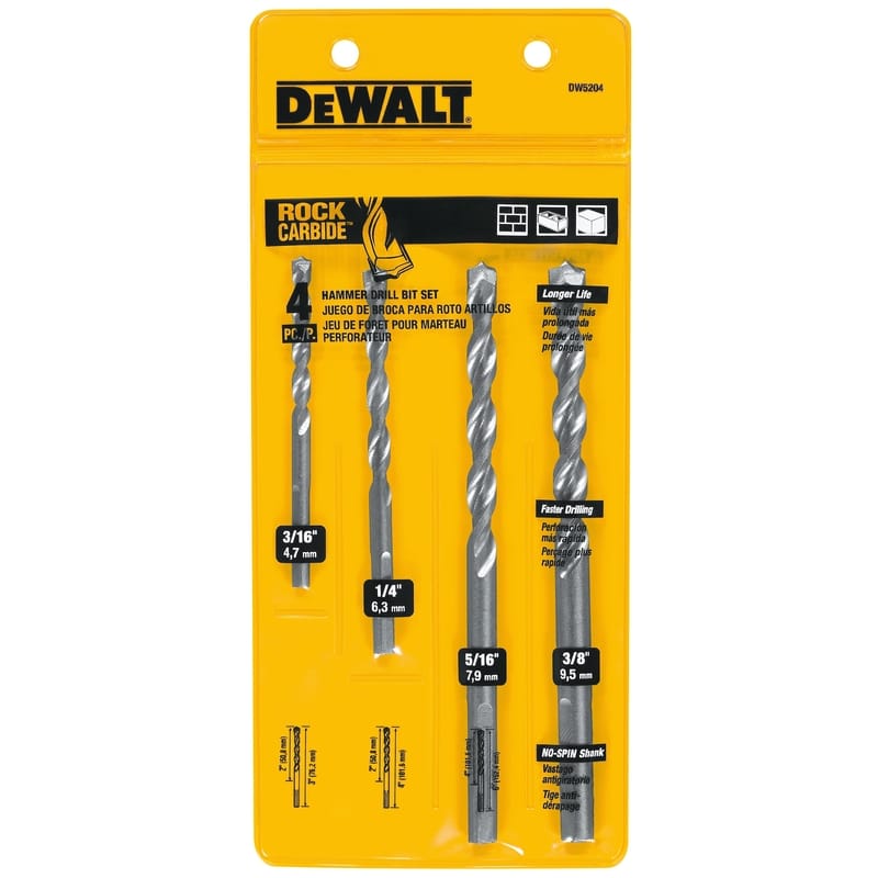 Dewalt DW5204 Assorted X 3 in. L Carbide Tipped Percussion Drill Bit Set 3-Flat Shank 4 pc