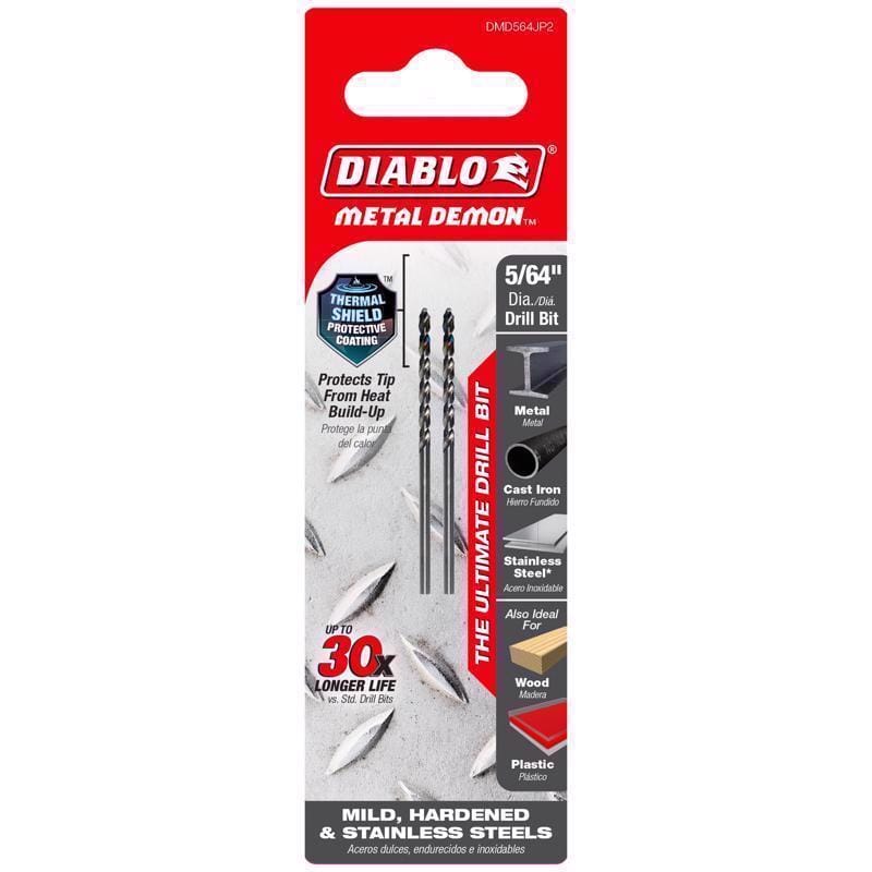 Diablo DMD564JP2 Metal Demon 5/64 in. X 1.9 in. L Stainless Steel Drill Bit 3-Flat Shank 2 pc