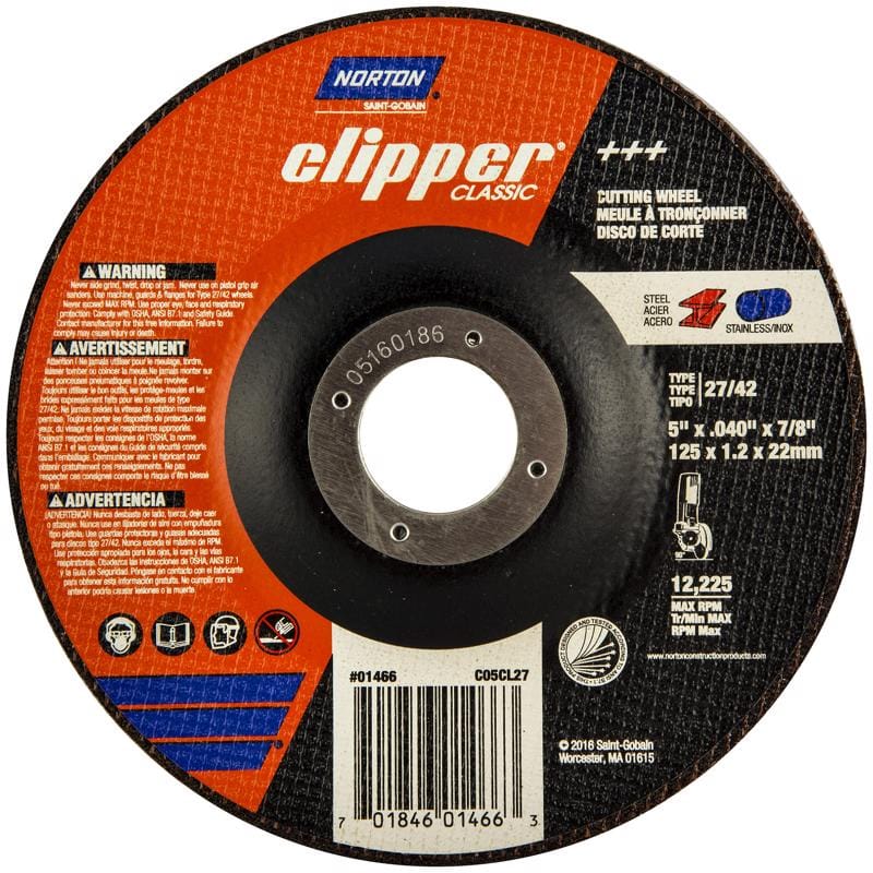 Norton 70184601466 Clipper 5 in. D X 7/8 in. X .045 in. thick Aluminum Oxide Classic Cut-Off Wheel 1 pk