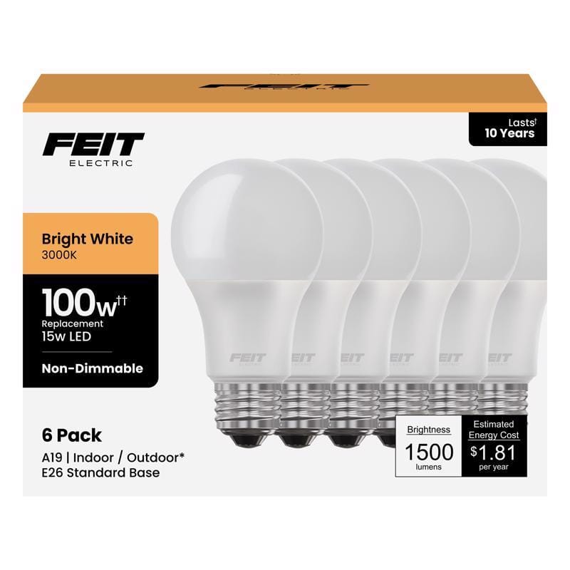 Feit A160083010KLED6 A19 E26 (Medium) LED Bulb Bright White 100 Watt Equivalence 6 pk