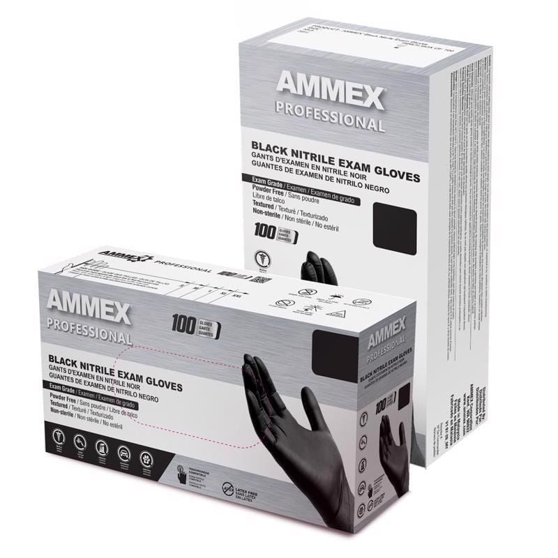 Ammex ABNPF44100 Professional Nitrile Disposable Exam Gloves Medium Black Powder Free 100 pk