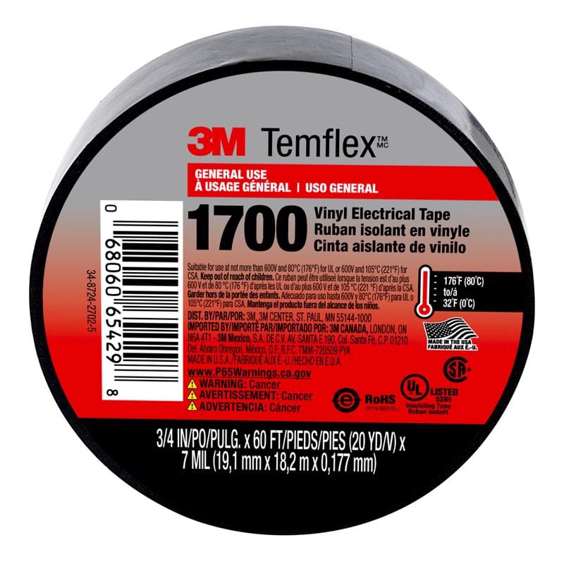 3M 1700-1PK-BB40 Temflex 3/4 in. W X 60 ft. L Black Vinyl Electrical Tape