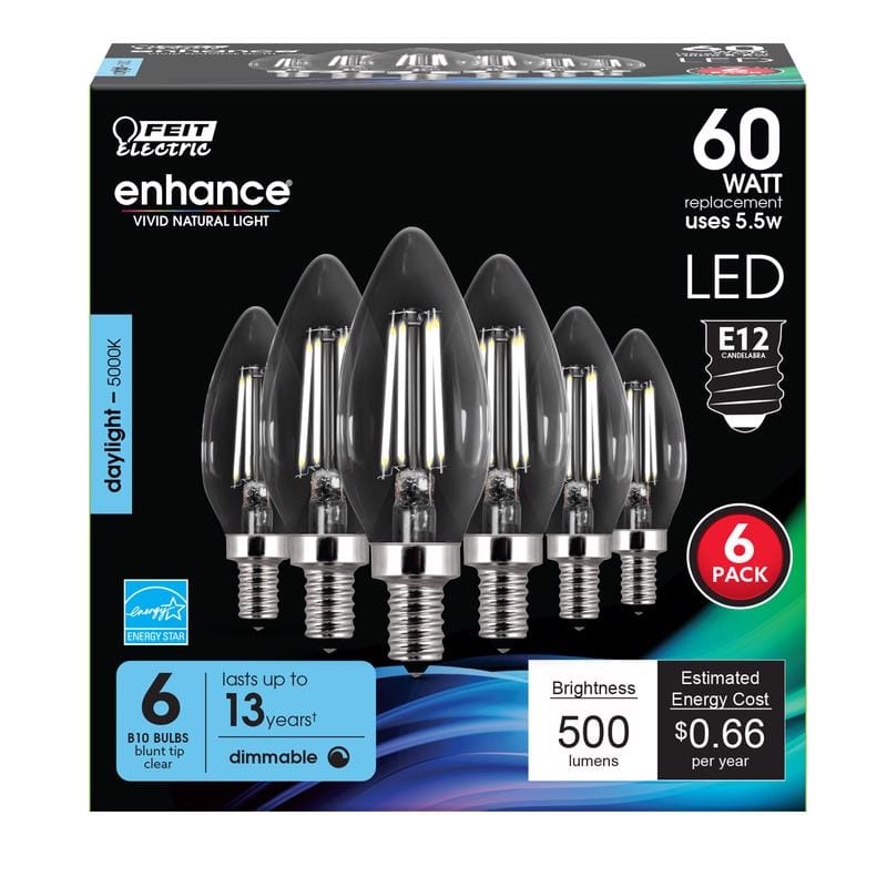 Feit CTC60/950CAFIL6 B10 E12 (Candelabra) Filament LED Bulb Daylight 60 Watt Equivalence 6 pk