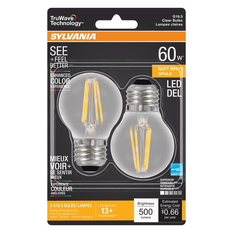 Sylvania 40850 Truwave G16.5 E26 (Medium) LED Bulb Soft White 60 Watt Equivalence 2 pk