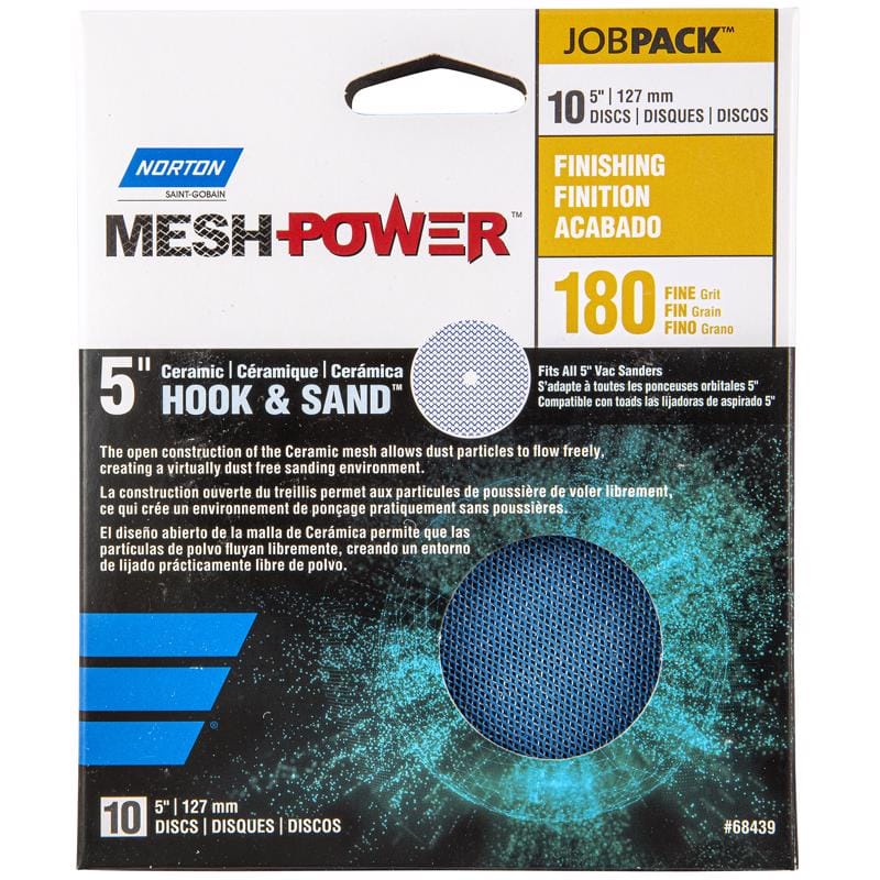 Norton 7660768439 MeshPower 5 in. Ceramic Hook and Loop Mesh Sanding Disc 180 Grit Fine 10 pk