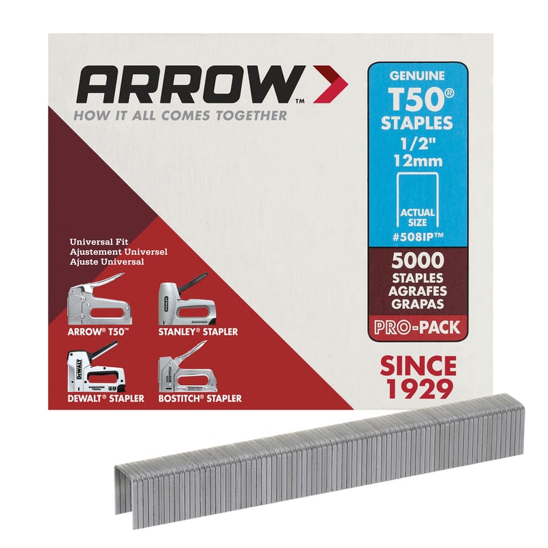 Arrow 508IP T50 3/8 in. W X 1/2 in. L 18 Ga. Flat Crown Heavy Duty Staples 5000 pk