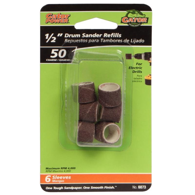 Gator 6073GA 0.5 in. D X 1/2 in. L Aluminum Oxide Abrasive Sleeve Refill 50 Grit Coarse 6 pc