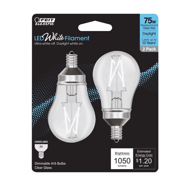 FEIT BPA1575C950WFL2 White A15 E12 (Candelabra) Filament LED Bulb Daylight 75 Watt Equivalence 2 pk