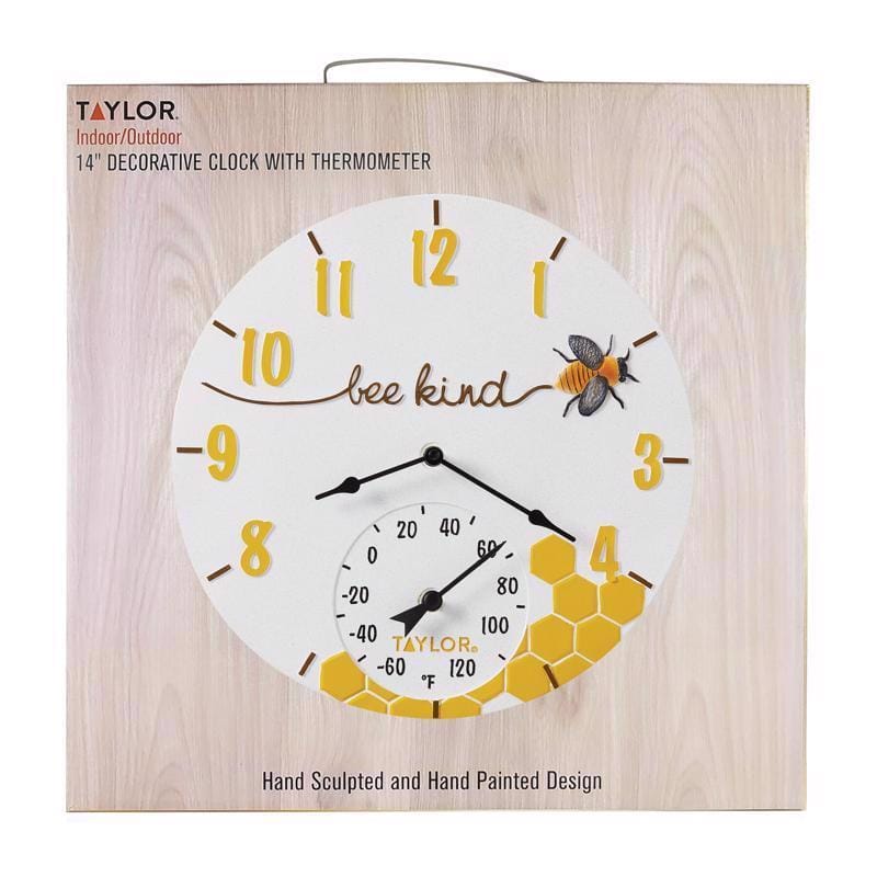 Taylor 5280579 Bee Kind Clock/Thermometer Resin Multicolored 14 in.