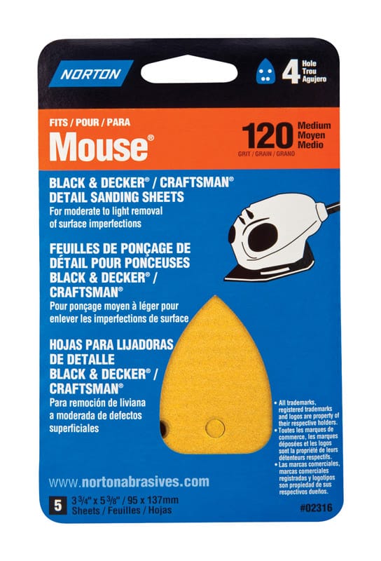 Norton 07660702316 5-1/4 in. L X 3-3/4 in. W 120 Grit Aluminum Oxide Mouse Sandpaper 5 pk