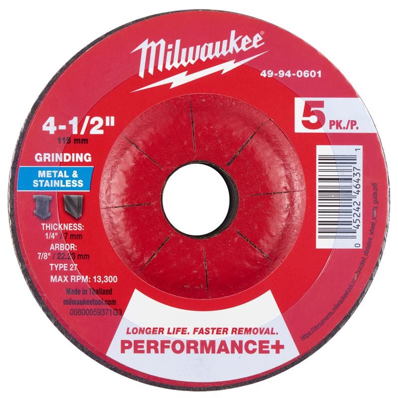 Milwaukee Tool 49-94-0601 Milwaukee 4.5 in. D X 7/8 in. X 1/4 in. thick Metal Grinding Wheel 5 pk