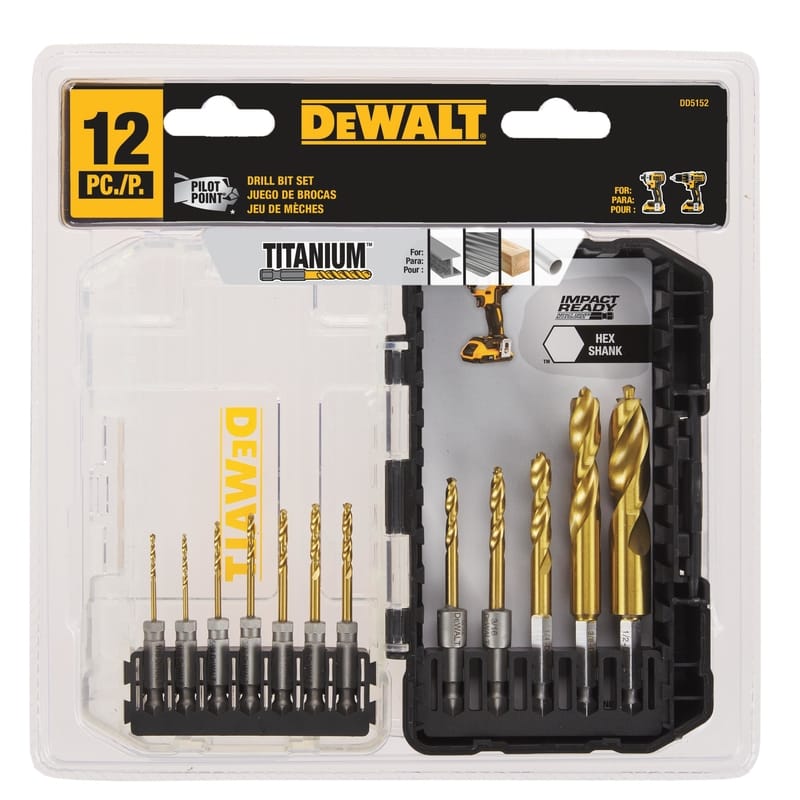 Dewalt DD5152 Pilot Point Assorted Titanium Drill Bit Set Hex Shank 12 pc