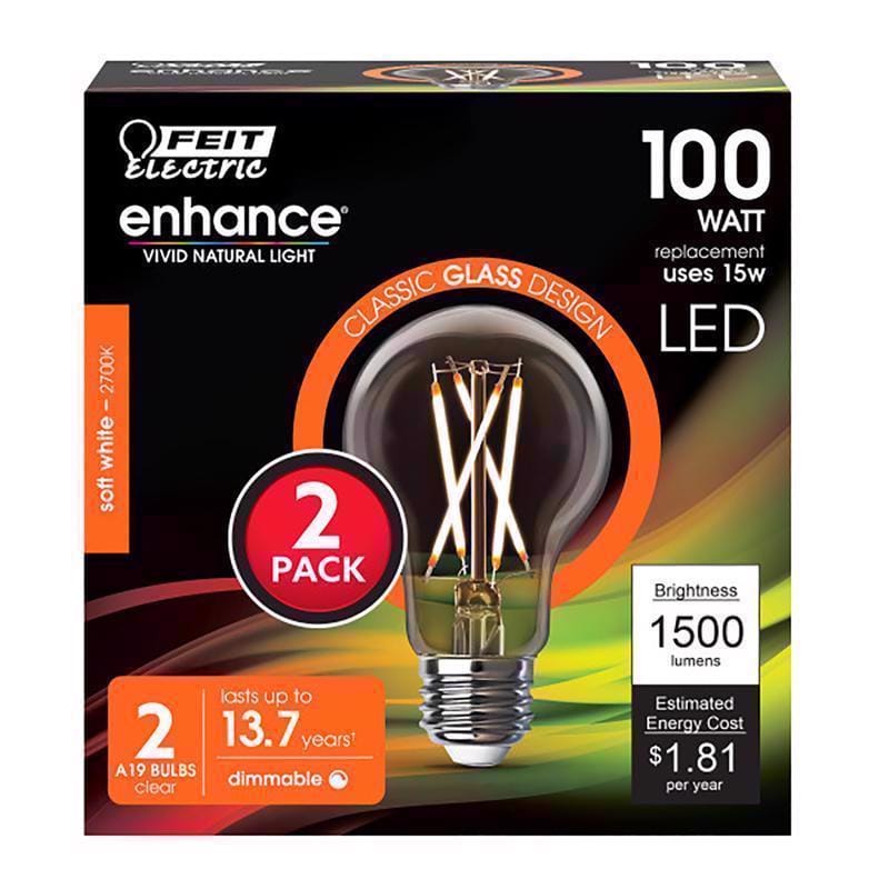 Feit A100CL927CAFIL2 Enhance A19 E26 (Medium) Filament LED Bulb Soft White 100 Watt Equivalence 2 pk