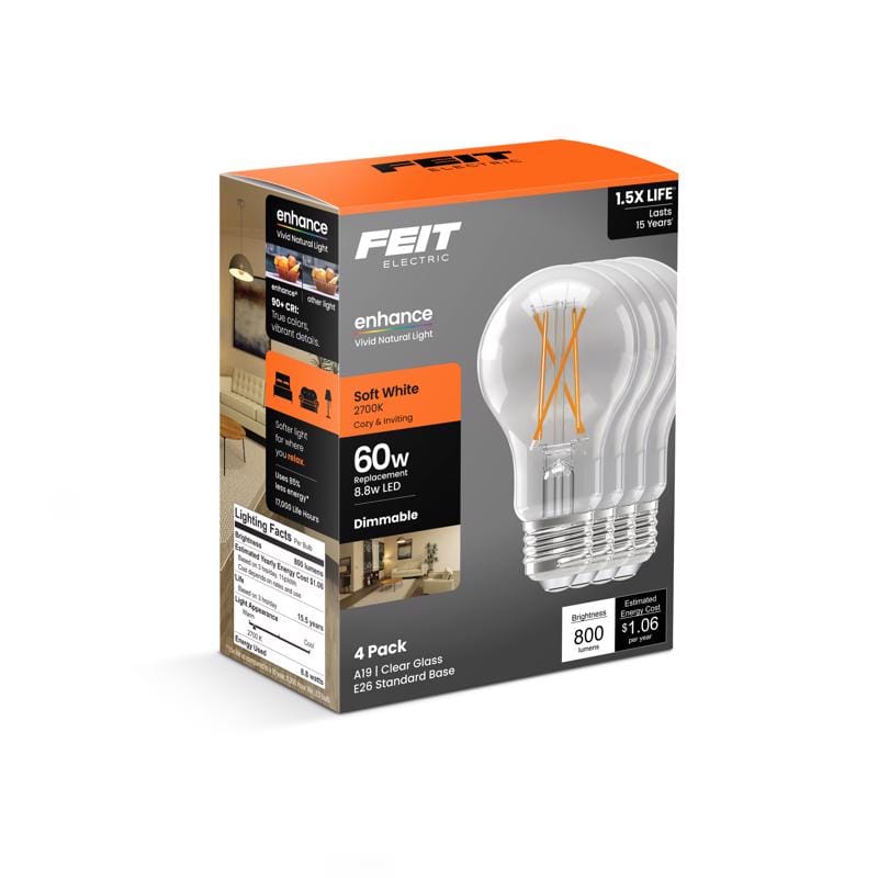 Feit A1960CL927/FIL4 Enhance A19 E26 (Medium) Filament LED Bulb Soft White 60 Watt Equivalence 4 pk