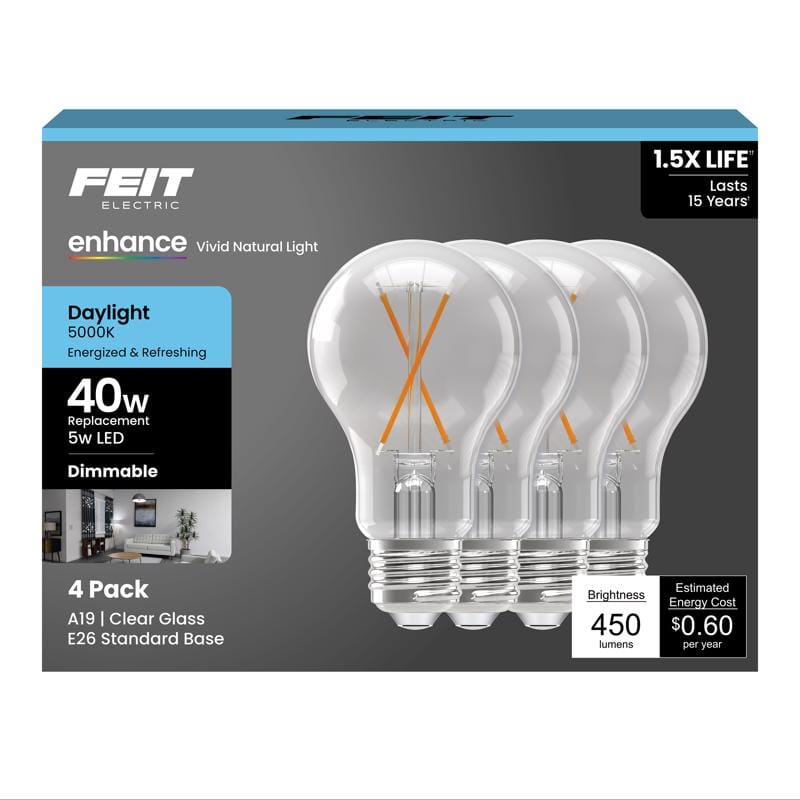 Feit A1940CL950/FIL4 Enhance A19 E26 (Medium) Filament LED Bulb Daylight 40 Watt Equivalence 4 pk
