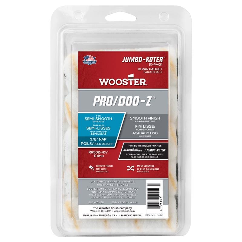 Wooster RR502-4 1/2 Pro-Doo Z Fabric 4.5 in. W X 3/8 in. Jumbo Paint Roller Cover 10 pk