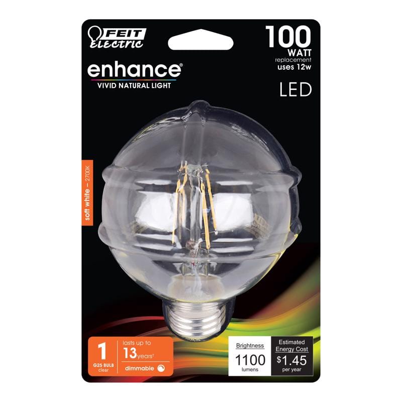 Feit BPG25100927CAFI G25 E26 (Medium) Filament LED Bulb Soft White 100 Watt Equivalence 1 pk