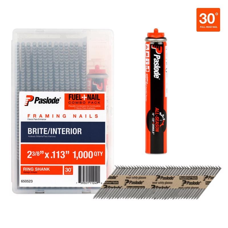 Paslode 650523 RounDrive 2-3/8 in. L Angled Strip Brite Fuel and Nail Kit 30 deg 1000 pk