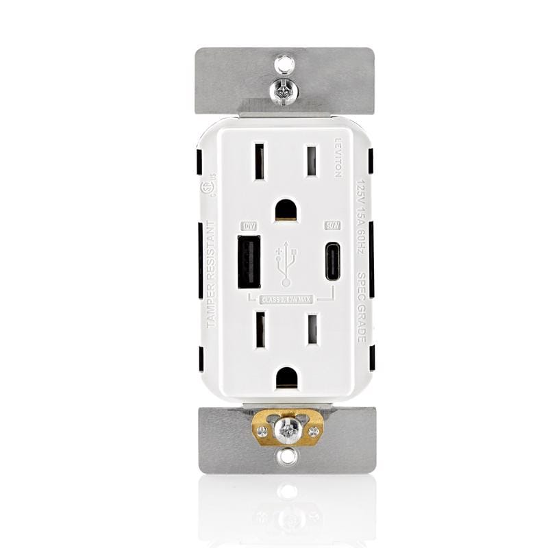 Leviton AC1P6-0BW Decora 15 amps 125 V Type A/C Duplex White Outlet and USB Charger 5-15R 1 pk