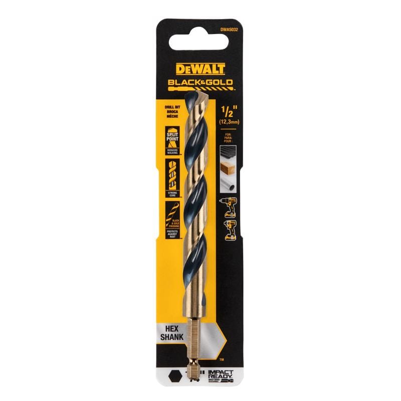Dewalt DWA5032 Black & Gold 1/2 in. High Speed Steel Impact Ready Drill Bit Hex Shank 1 pk