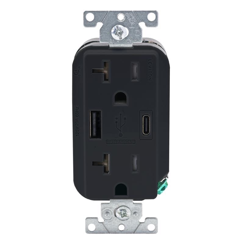 Leviton AC2X3-0BE Decora 20 amps 125 V Type A/C Duplex Black Outlet and USB Charger 5-15R 1 pk