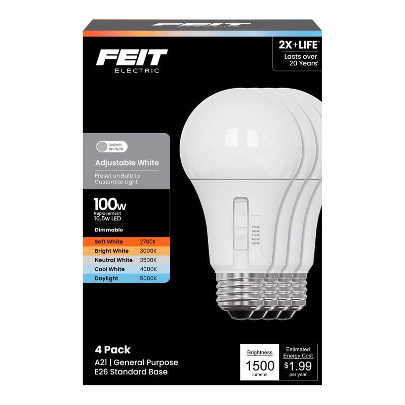 Feit Electric OM100DM5CCTCA/4 Feit A21 E26 (Medium) LED Bulb Adjustable White 100 Watt Equivalence 4 pk