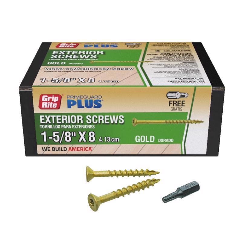 Grip-Rite L158STGD1 PrimeGuard Plus No. 8 wire X 1-5/8 in. L Gold Star Flat Head Deck Screws 124 pk
