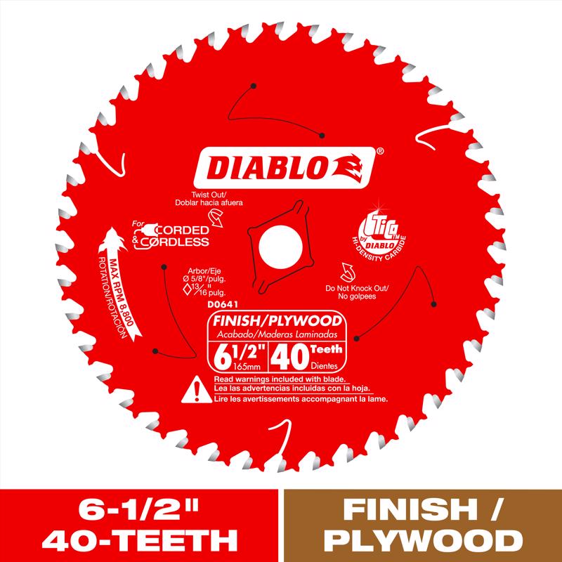 Diablo D0641X 6-1/2 in. D X 5/8 in. TiCo Hi-Density Carbide Finishing Saw Blade 40 teeth 1 pk