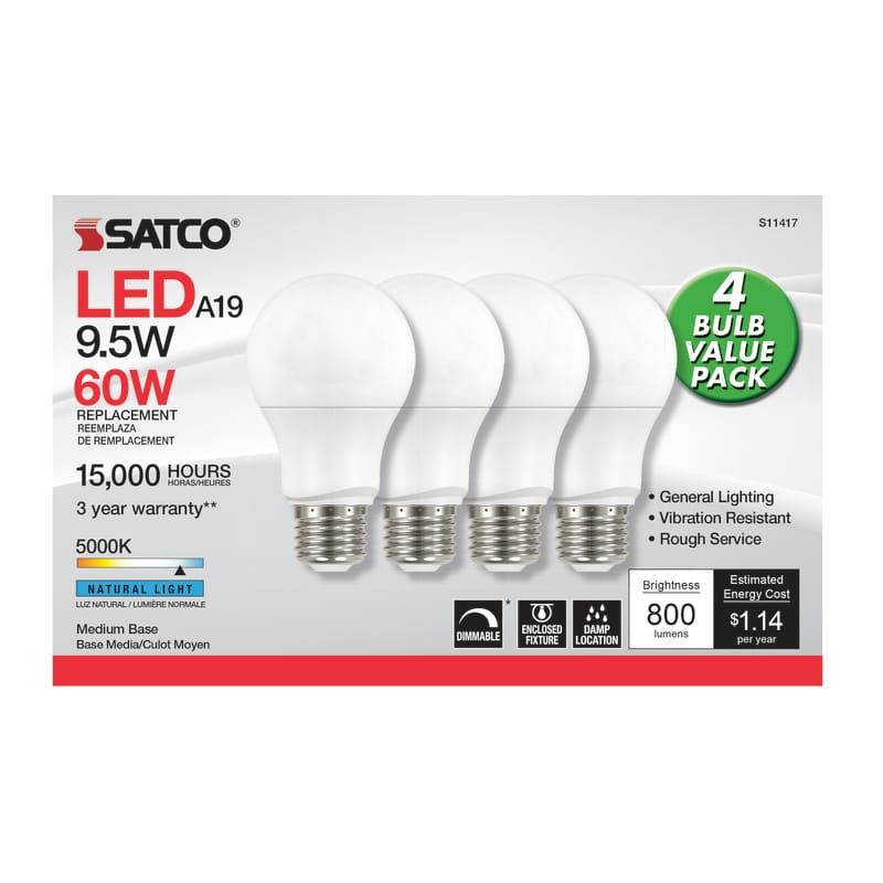 Satco S11417 A19 E26 (Medium) LED Bulb Natural Light 60 Watt Equivalence 4 pk