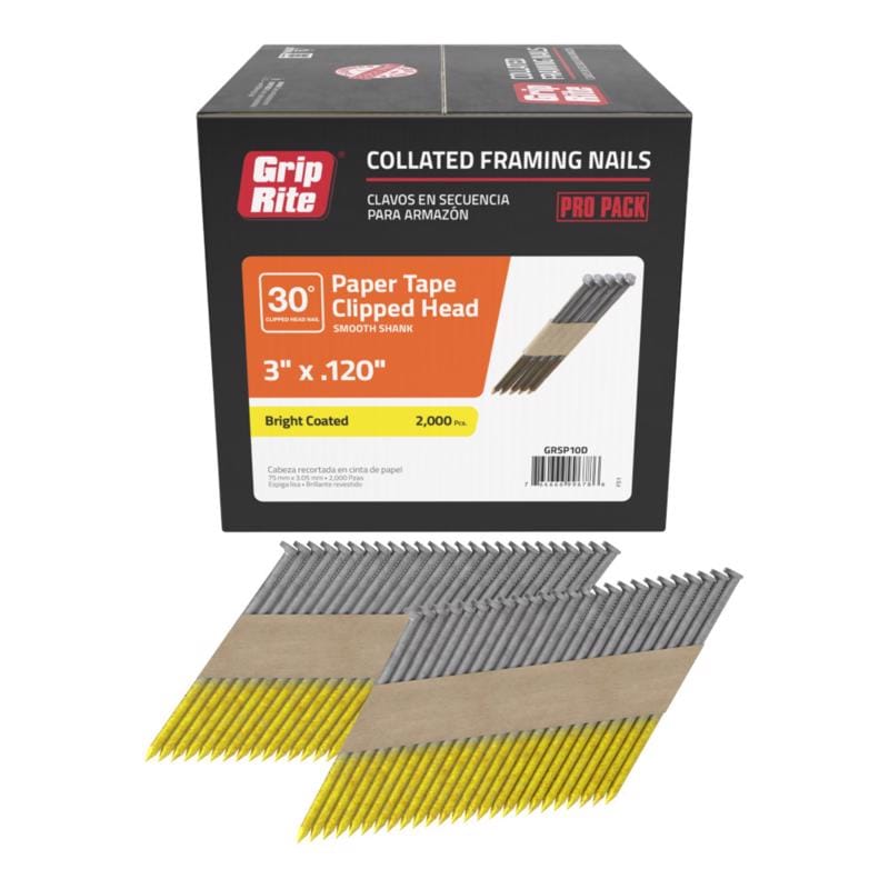 Grip-Rite GRSP10D 3 in. L X 12 Ga. Angled Strip Bright Framing Nails 30 deg 2000 pk