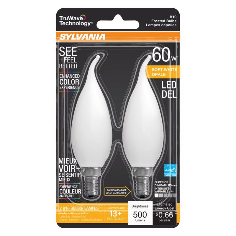 Sylvania 40781 TruWave B10 E12 (Candelabra) LED Bulb Soft White 60 Watt Equivalence 2 pk