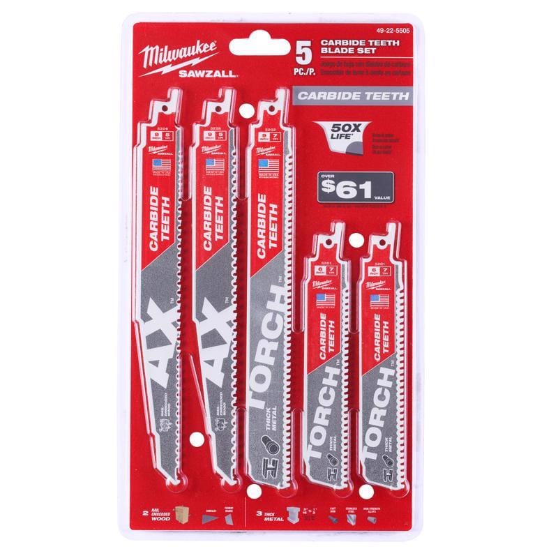 Milwaukee 49-22-5505 Sawzall Carbide Saw Blade Set 5 Pc