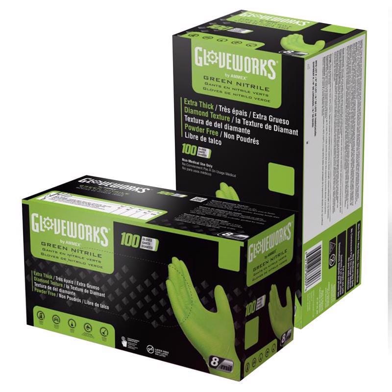 Gloveworks GWGN49100 Nitrile Disposable Gloves XX-Large Green Powder Free 100 pk