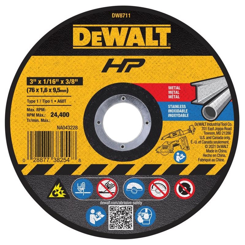 Dewalt DW8711 HP 3 in. D X 3/8 in. X 1/16 in. thick Aluminum Oxide Abrasive Cut-Off Wheel 1 pc