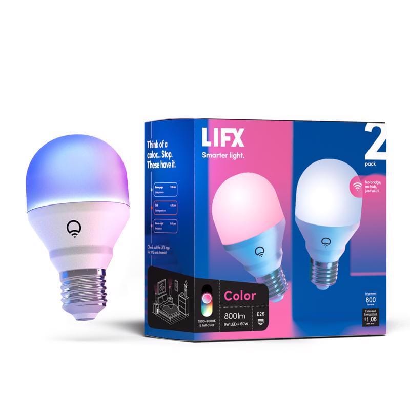 Lifx HB2L3A19C08E26U Smart Home A19 E26 (Medium) Smart-Enabled LED Bulb Color Changing 60 Watt Equivalence 2 pk
