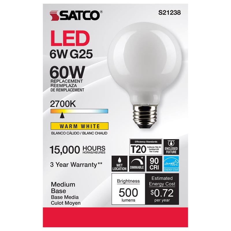 Satco S21238 G25 E26 (Medium) Filament LED Bulb Warm White 60 Watt Equivalence 1 pk
