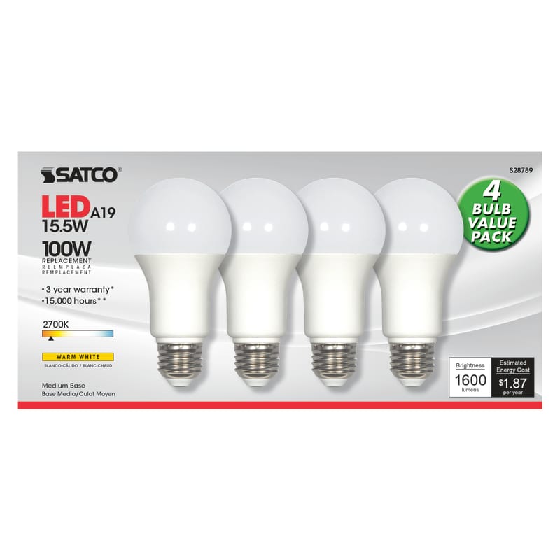 Satco S28789 A19 E26 (Medium) LED Bulb Warm White 100 Watt Equivalence 4 pk