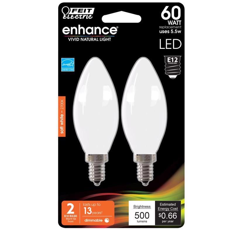 Feit BPCTF60927CAFL2 Enhance Blunt Tip E12 (Candelabra) Filament LED Bulb Soft White 60 Watt Equivalence 2 pk