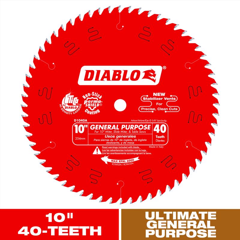 Diablo D1040A 10 in. D X 5/8 in. General Purpose TiCo Hi-Density Carbide Circular Saw Blade 40 teeth 1 pk