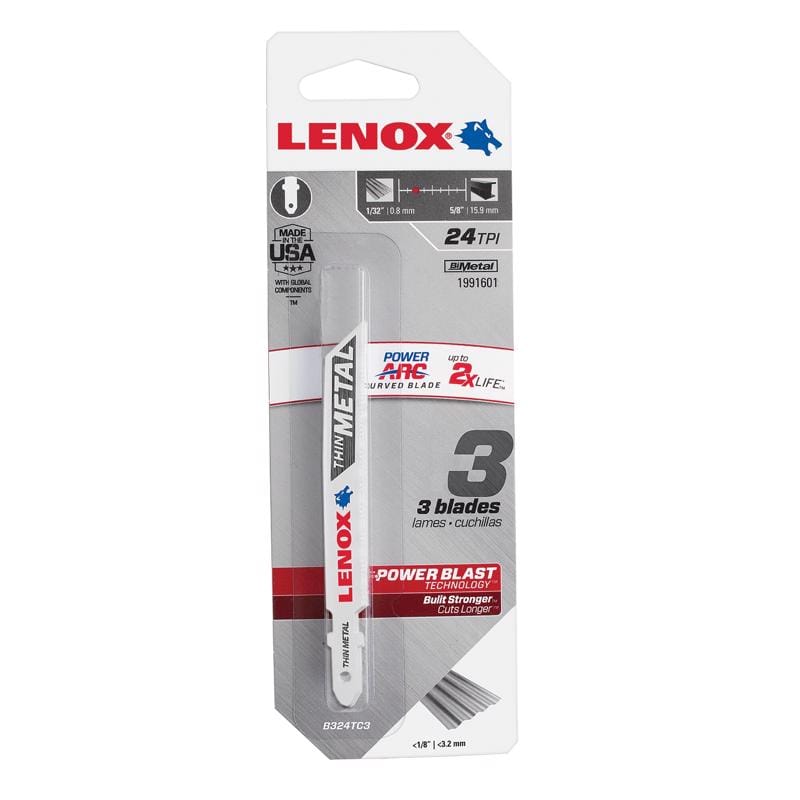 Lenox 1991601 Power Arc 3-5/8 in. Bi-Metal T-Shank Jig Saw Blade 24 TPI 3 pc