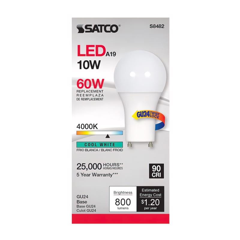 Satco S8482 A19 GU24 LED Bulb Cool White 60 Watt Equivalence 1 pk