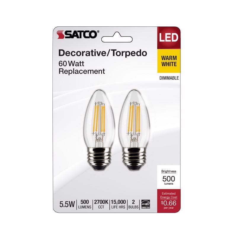 Satco S21837 B11 E26 (Medium) Filament LED Bulb Warm White 60 Watt Equivalence 2 pk