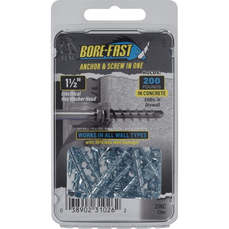 Hillman 377626 Bore-Fast 1/4 in. D X 1-1/2 in. L Steel Hex Head Screw and Anchor 25 pk