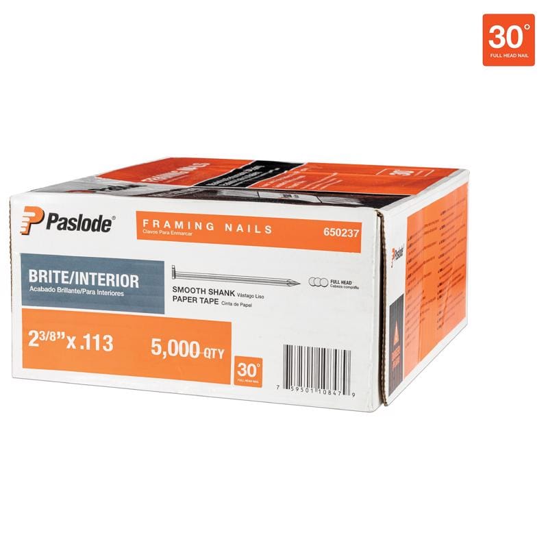 Paslode 650237 RounDrive 2-3/8 in. L Angled Strip Brite Framing Nails 30 deg 5000 pk