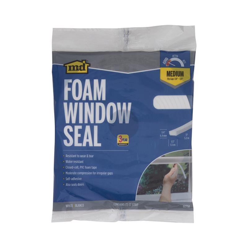 M-D Building Products 02758 White Foam Weather Stripping Tape For Doors and Windows 204 in. L X 0.25 in.